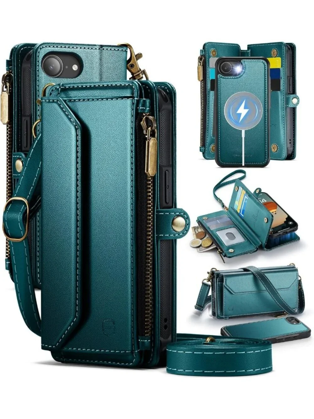 Magnetic Wallet Phone Case for iPhone 17e/16e - Stylish Blue Green Strap Case